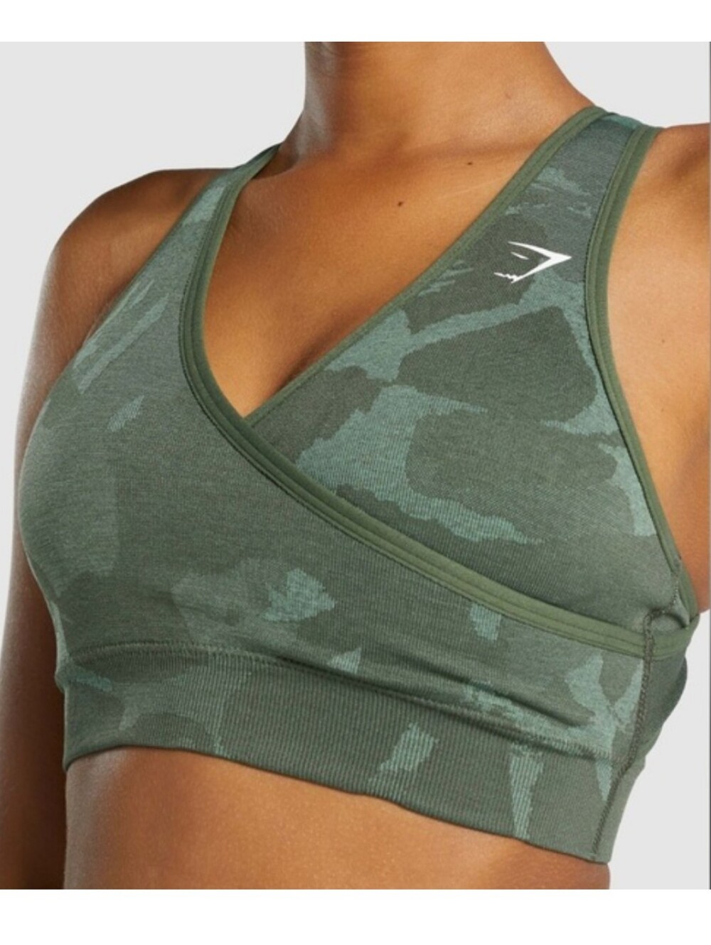 Gymshark ADAPT Green Camo Sz M Cross Front Seamless Sports Bra